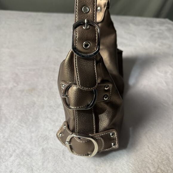 Vtg Bronze Mini Bag Purse Y2K 2000s Buckle Detail Shoulder Strap Metallic Hobo - Picture 4 of 5